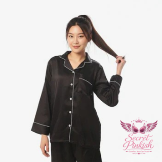 Secret Pinkish Silk 2 Pieces Night Suit Shirt Trouser with Scrunchie